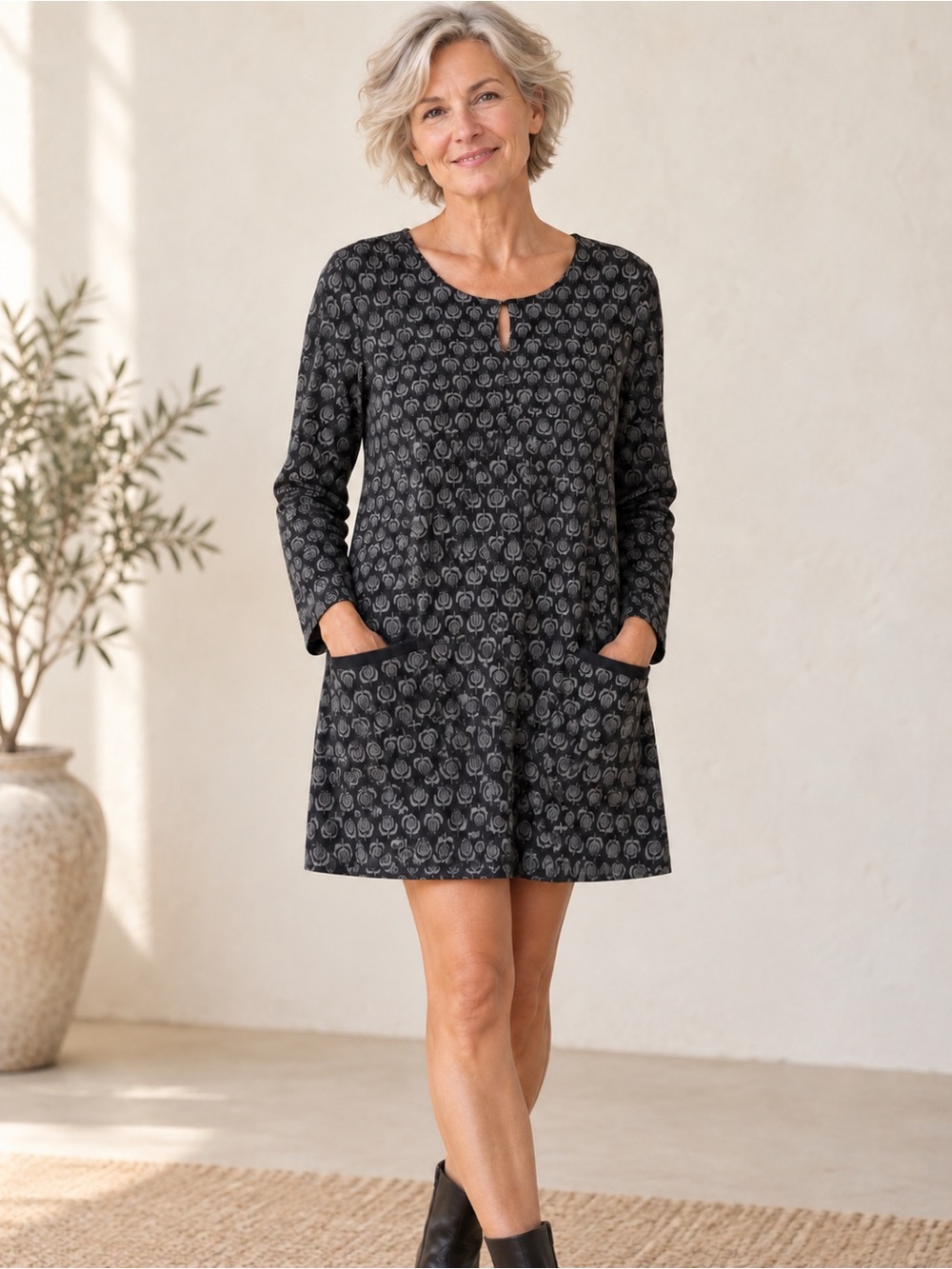 Gudrun Sjoden Sundborn Organic Cotton Pocket Dress Gray Black Small